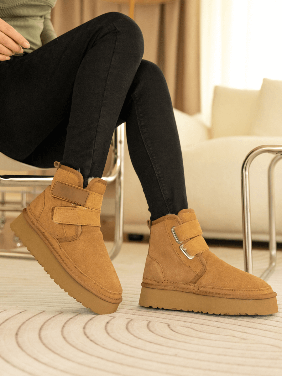 UGG Montford Wool-Lined Buckle Up Platform Boots – Chestnut
