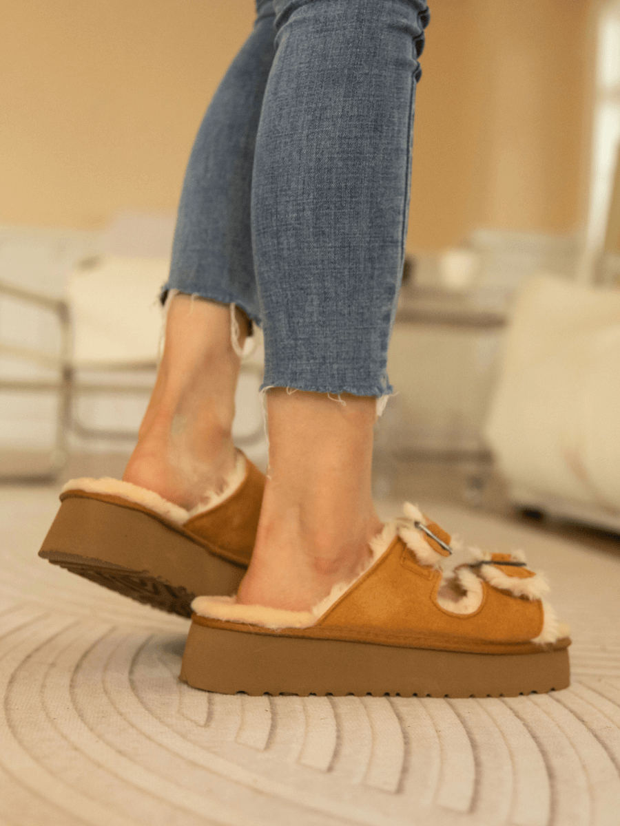 UGG Woolen Suede Double-Strap Platform Sandal - Chestnut