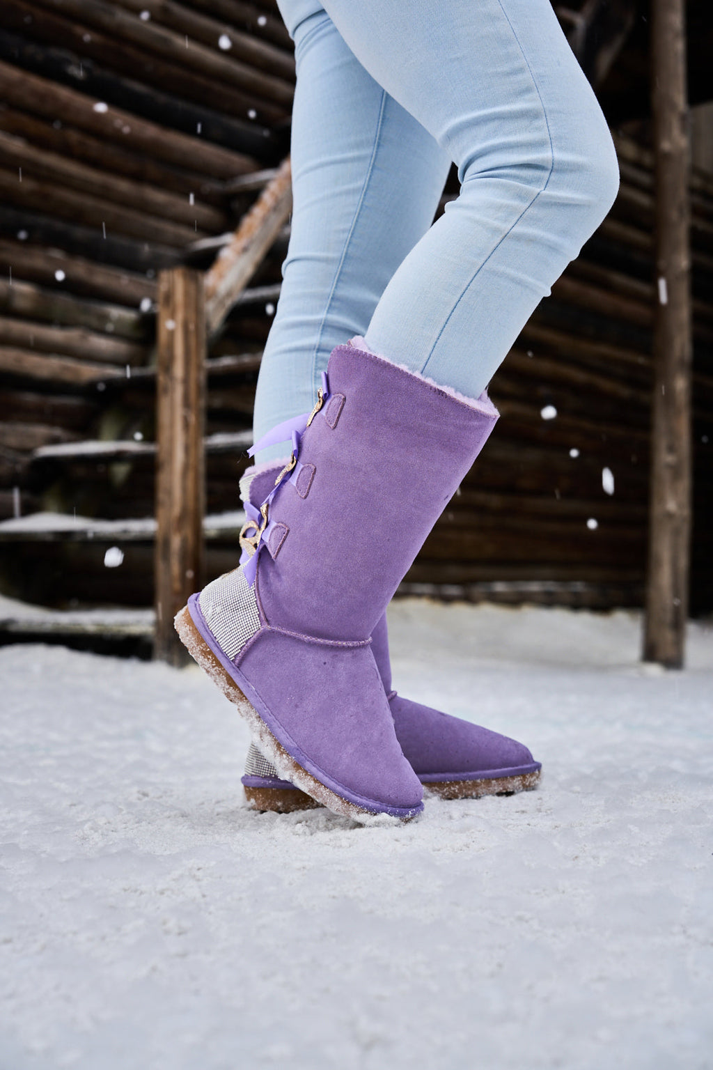 UGG Rhinestone Ribbon Tri-Tie Bow Suede Boots - Lavender