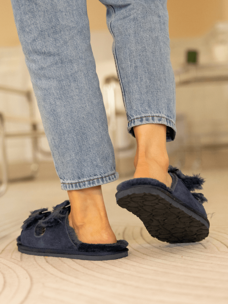 UGG Woolen Lined Double-Strap Suede Sandal - Navy