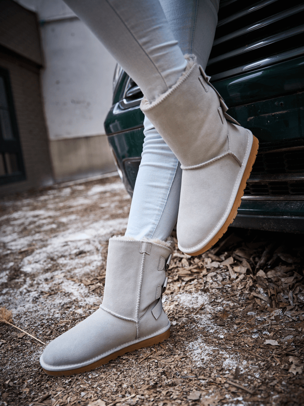 UGG Double Ballet Ribbon Bow Suede Shearling Boots - Pale