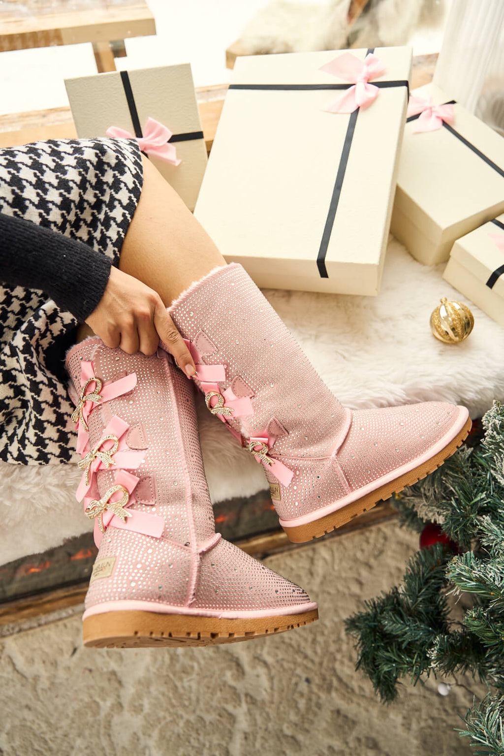 UGG Swifties Diamond Stage Ribbon Bows Suede Boots - Pink