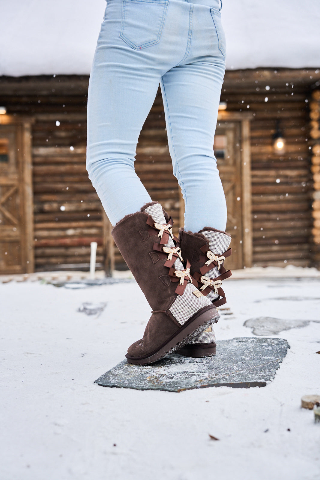 UGG Rhinestone Ribbon Tri-Tie Bow Suede Boots - Brown