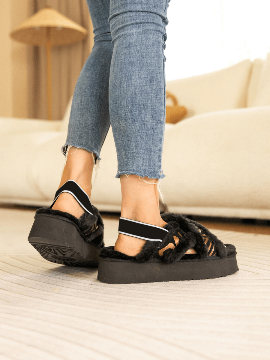 UGG Roar Wool-Lined Criss-Cross Strap Slipper - Black