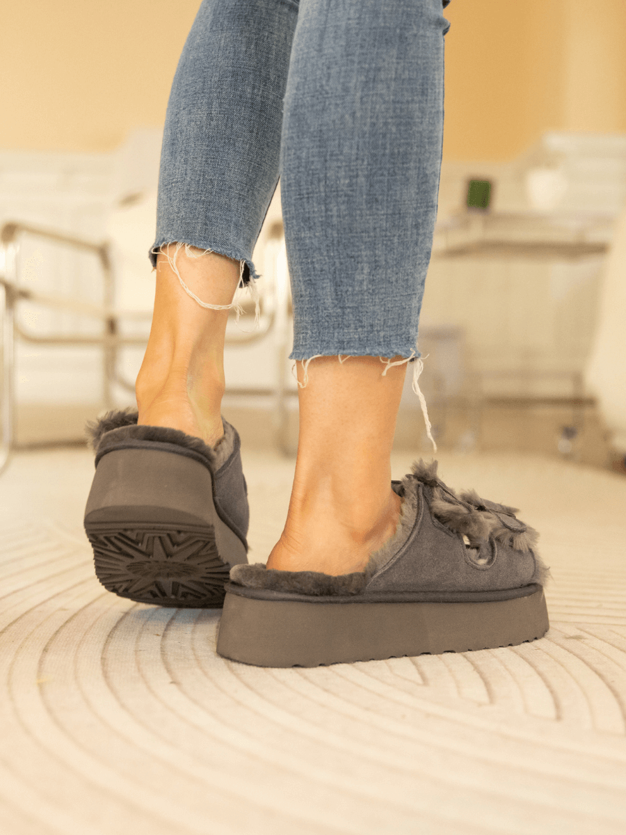UGG Woolen Suede Double-Strap Platform Sandal - Grey