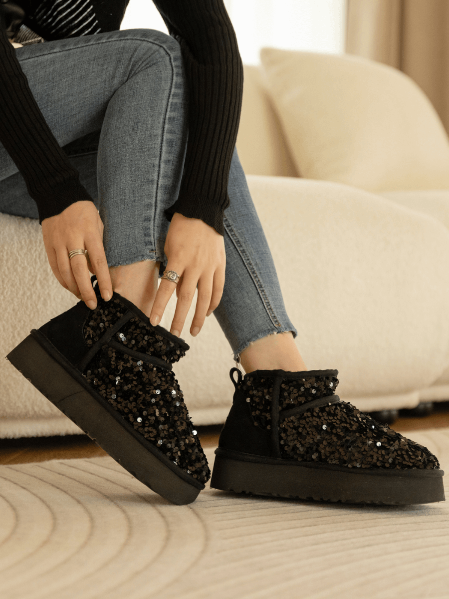 UGG Mini Glitter Low Ankle Platform Boots - Black