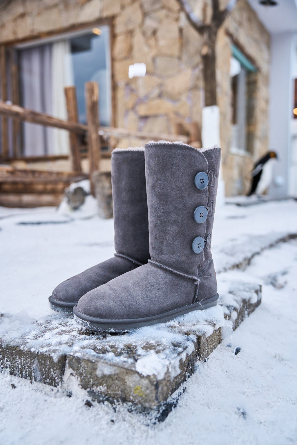 UGG Side Button Faux Fur-Lined Leather Suede Boots - Grey