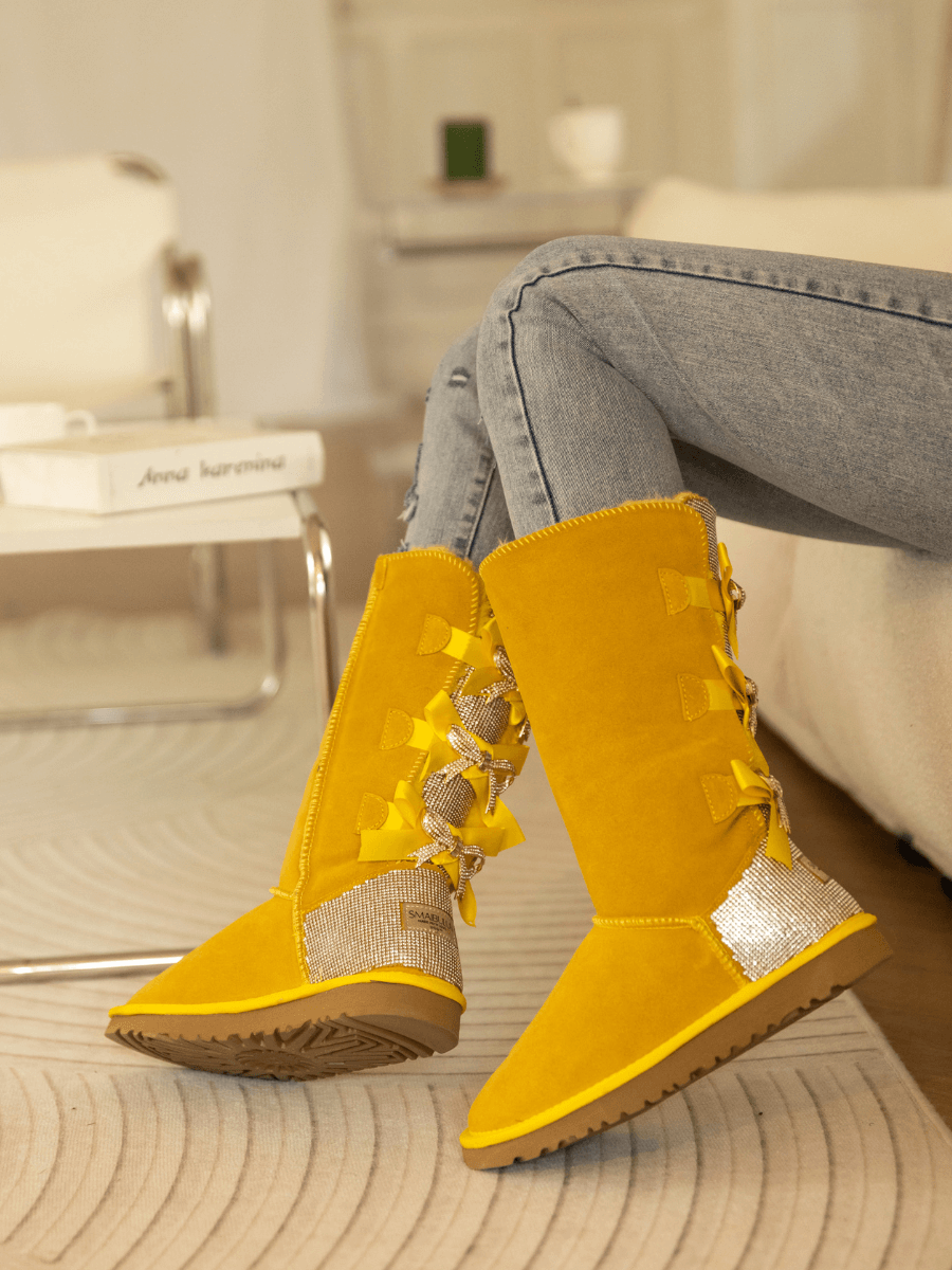 UGG Rhinestone Ribbon Tri-Tie Bow Suede Boots - Yellow
