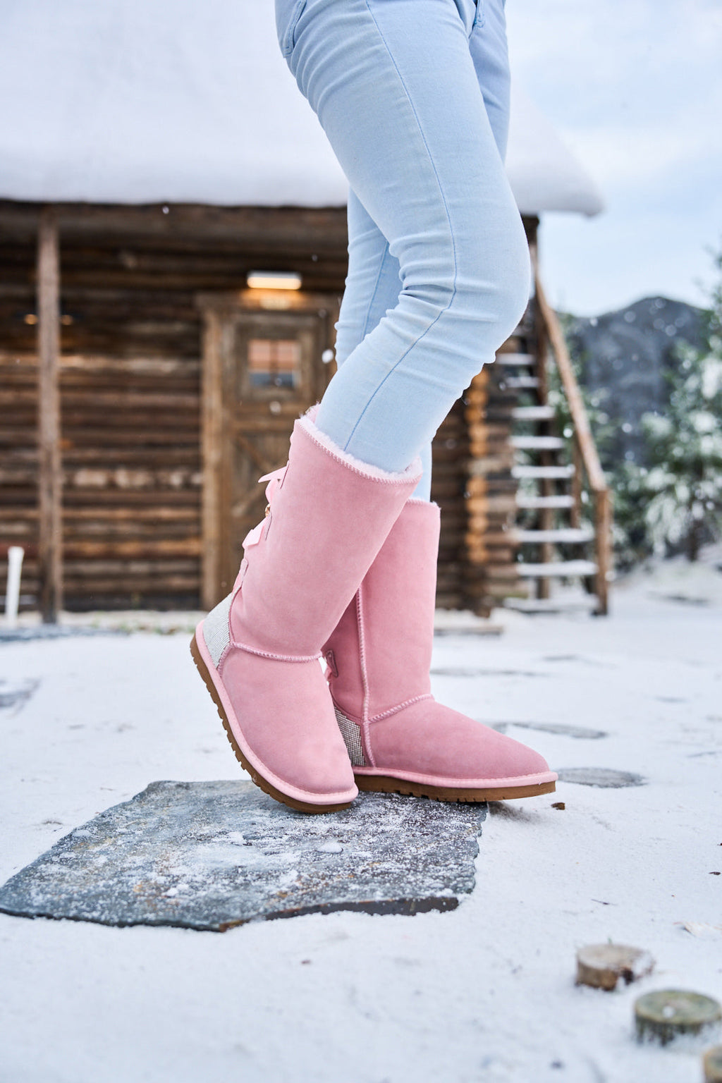 UGG Rhinestone Ribbon Tri-Tie Bow Suede Boots - Pink