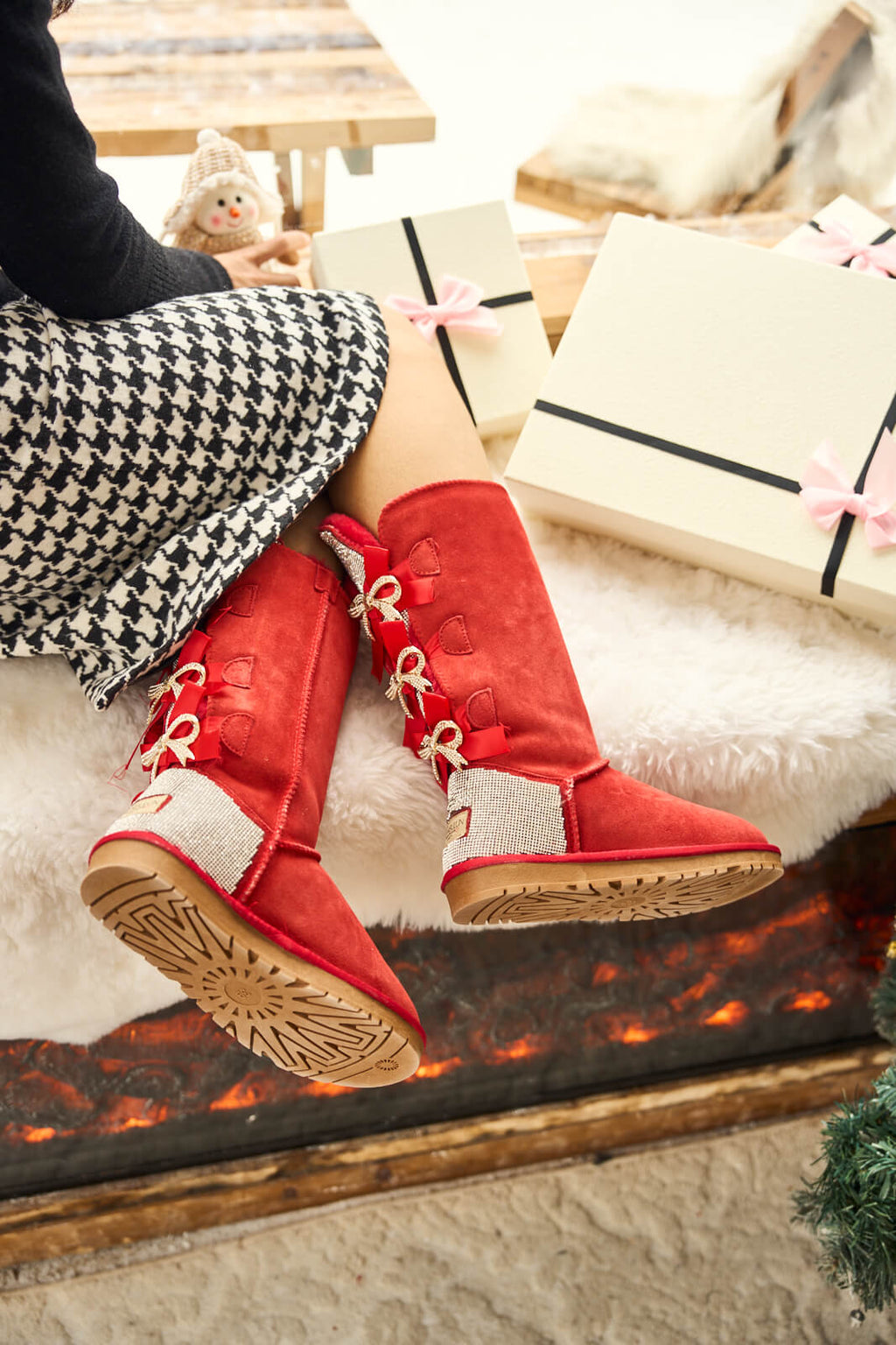 UGG Rhinestone Ribbon Tri-Tie Bow Suede Boots - Candy