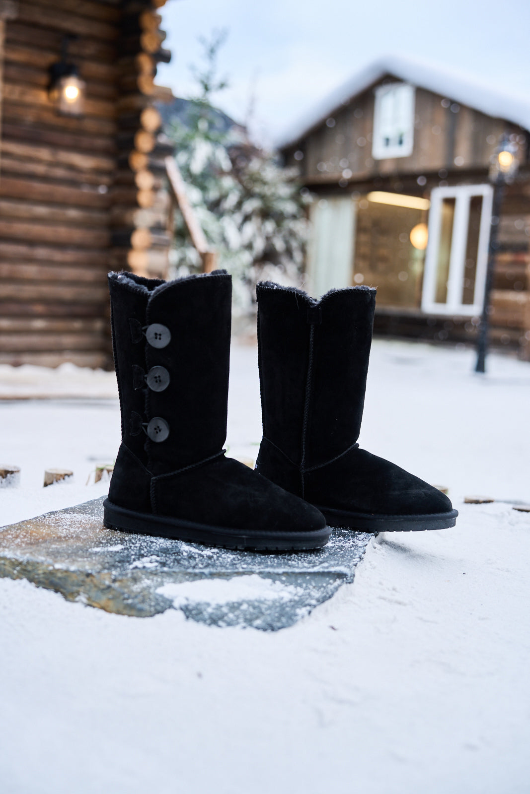 UGG Side Button Faux Fur-Lined Leather Suede Boots - Black