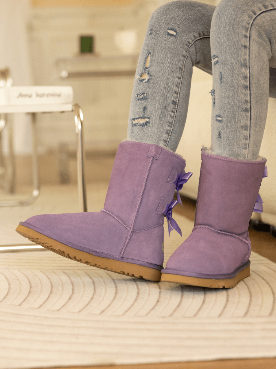 UGG Double Ballet Ribbon Bow Suede Shearling Boots - Lavender