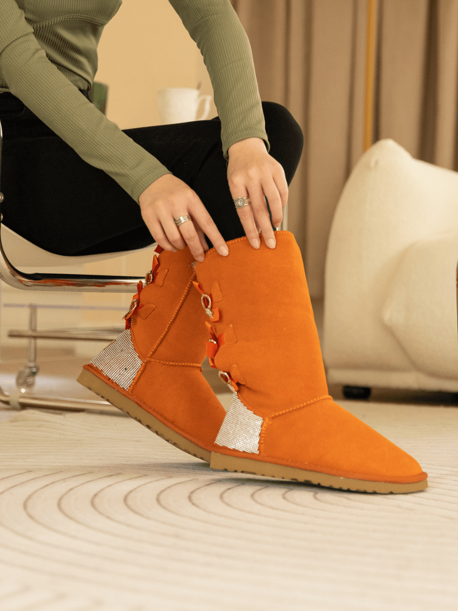 UGG Rhinestone Ribbon Tri-Tie Bow Suede Boots - Orange