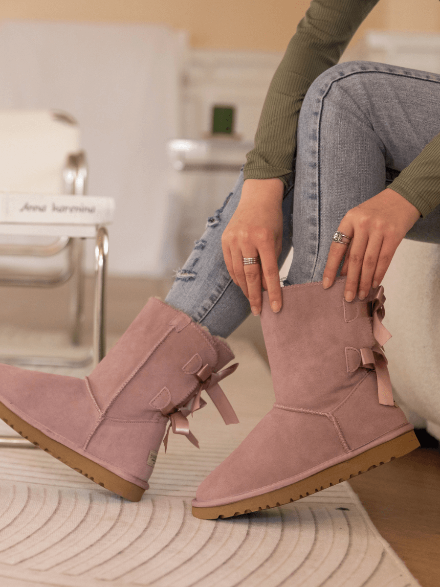 UGG Double Ballet Ribbon Bow Suede Shearling Boots - Taro