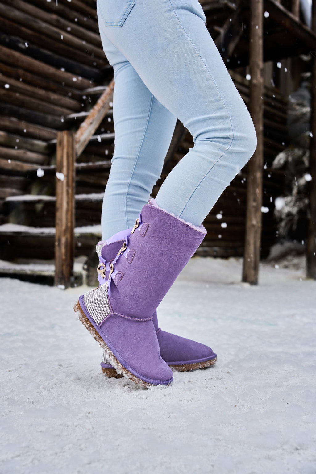 UGG Rhinestone Ribbon Tri-Tie Bow Suede Boots - Lavender