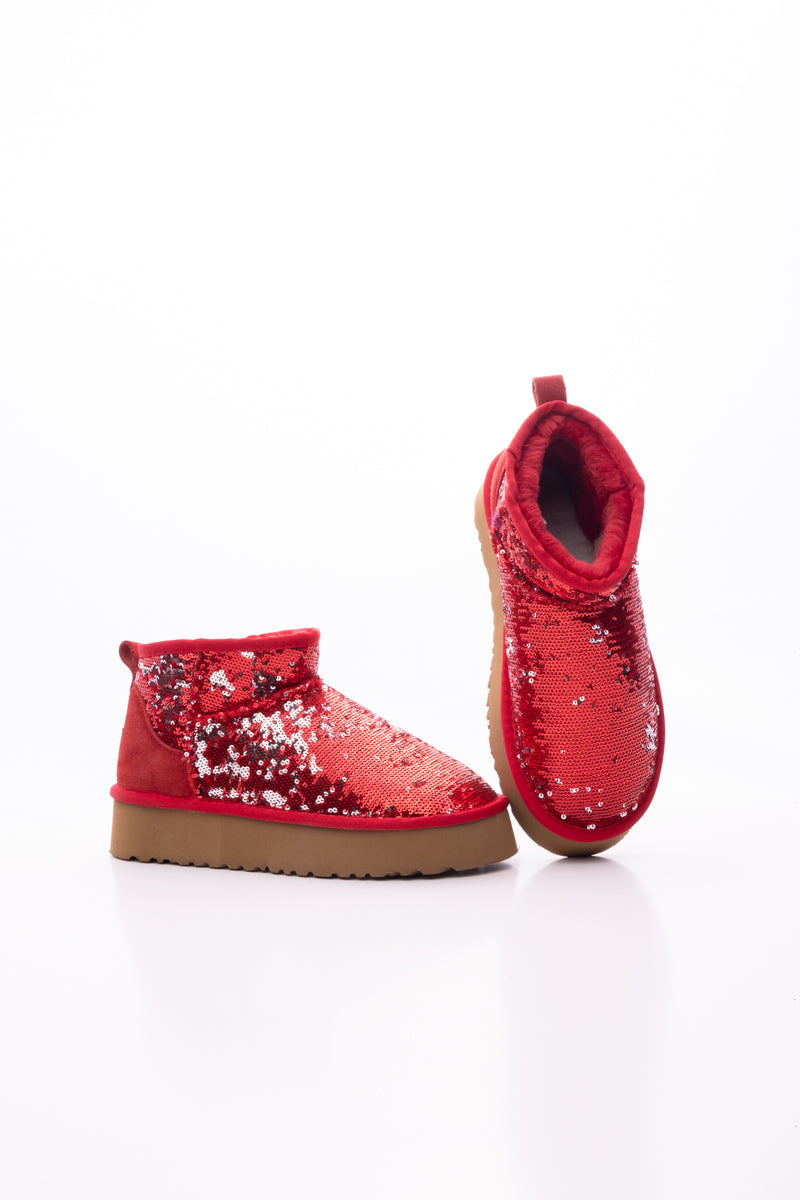 UGG Mini Glitter Low Ankle Platform Boots - Red