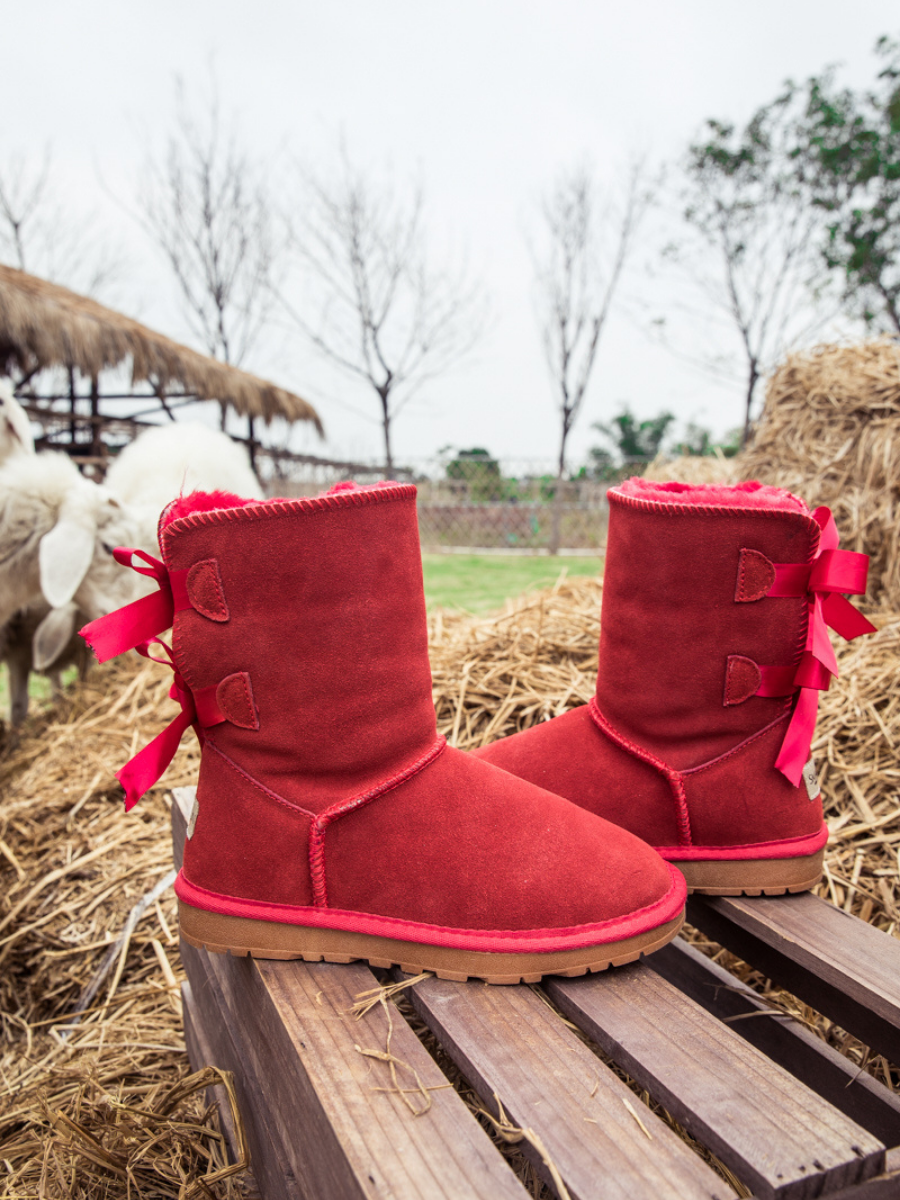 UGG Double Ballet Ribbon Bow Suede Shearling Boots - Red