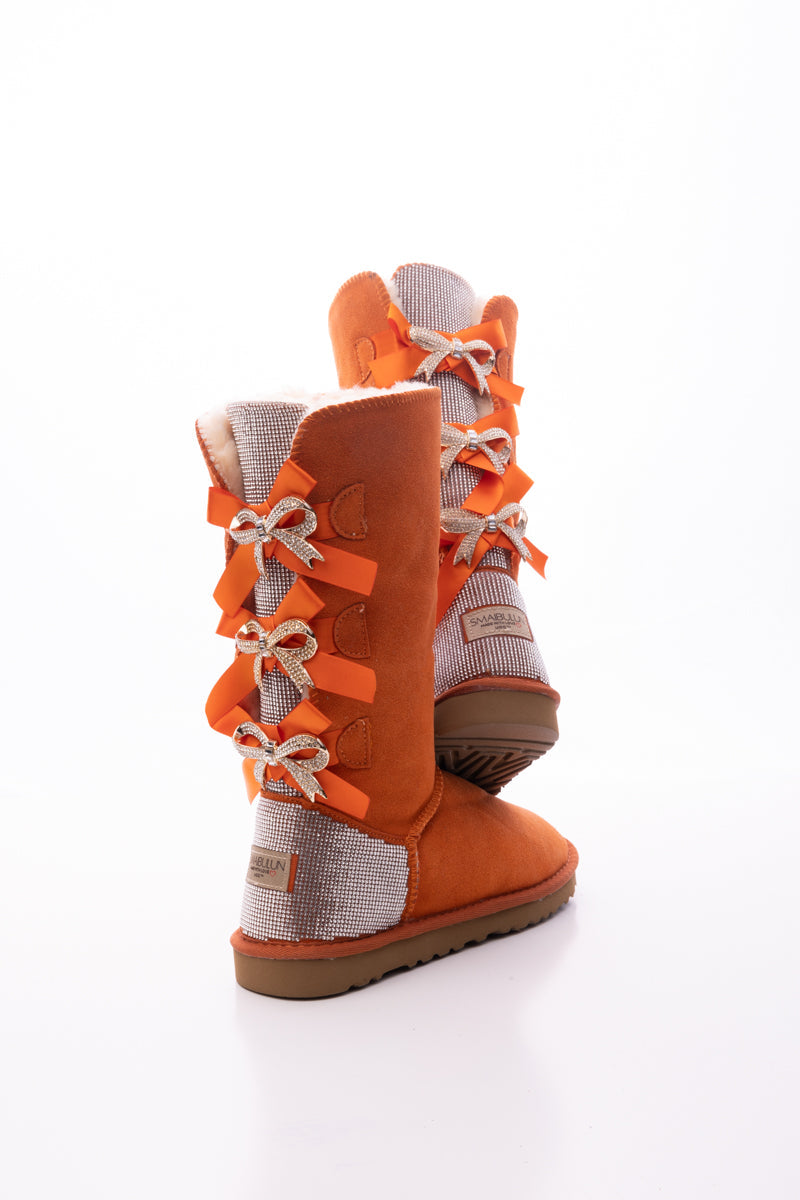 UGG Rhinestone Ribbon Tri-Tie Bow Suede Boots - Orange