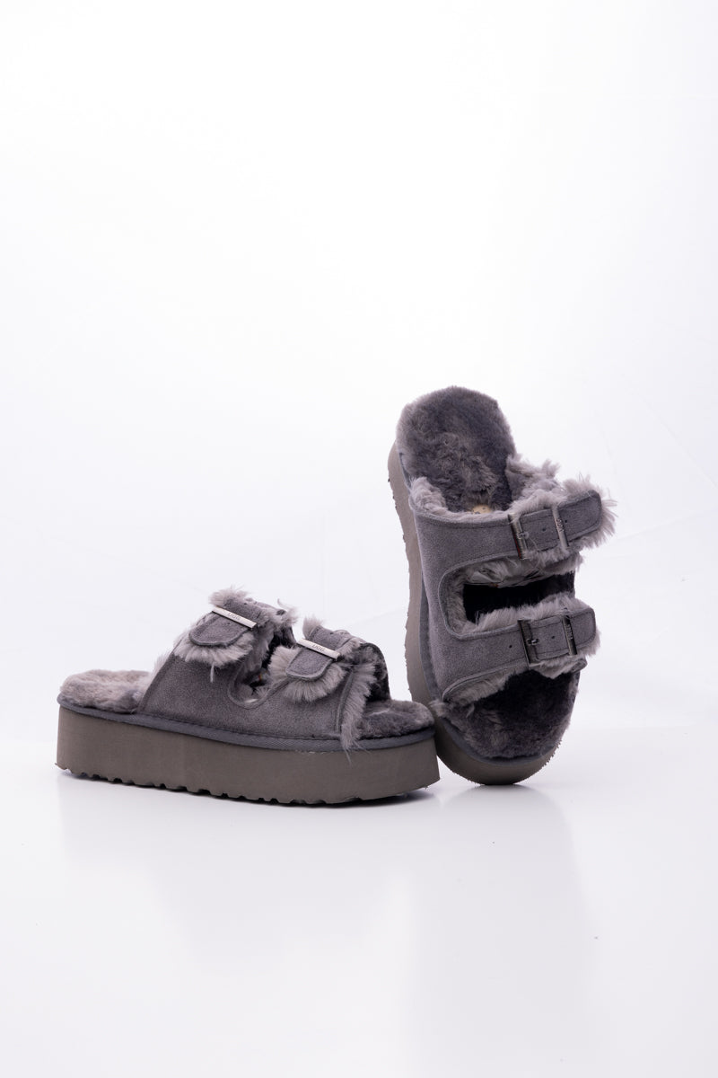 UGG Woolen Suede Double-Strap Platform Sandal - Grey