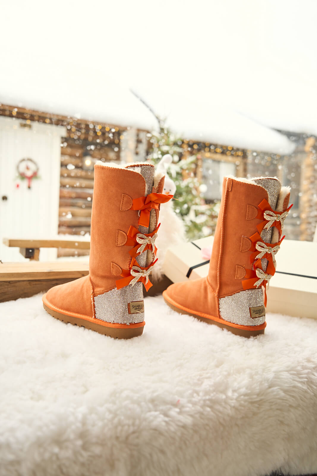 UGG Rhinestone Ribbon Tri-Tie Bow Suede Boots - Tangerine