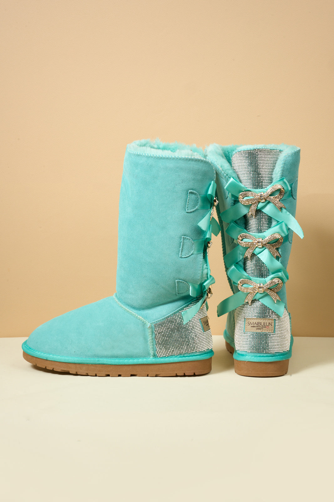 UGG Rhinestone Ribbon Tri-Tie Bow Suede Boots - Turquoise
