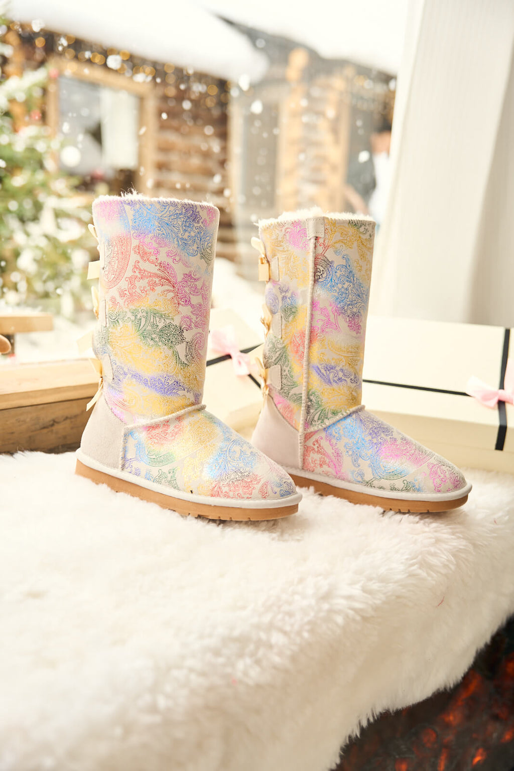 UGG Rhinestone Ribbon Tri-Tie Bow Suede Boots - Multi
