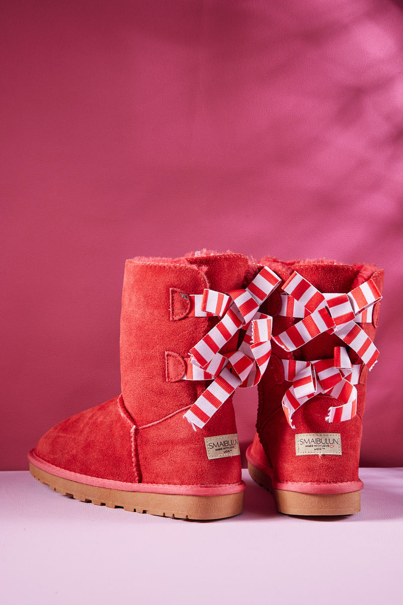 UGG Serenity Striped Bailey Bow Shearling Boots - Red