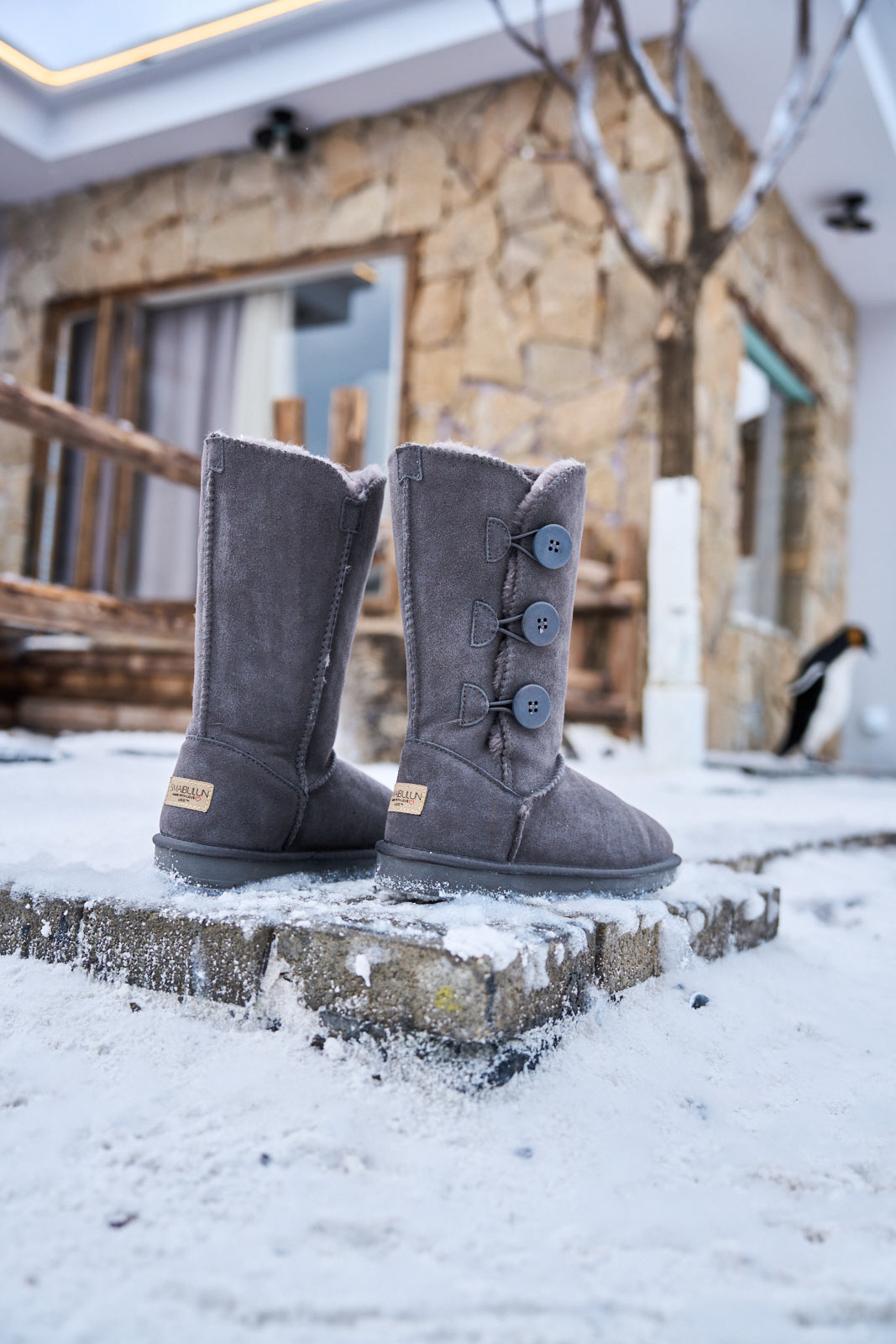 UGG Side Button Faux Fur-Lined Leather Suede Boots - Grey
