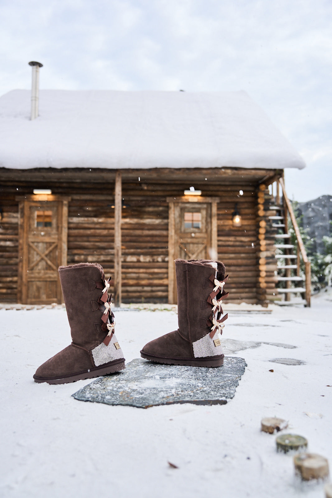 UGG Rhinestone Ribbon Tri-Tie Bow Suede Boots - Brown