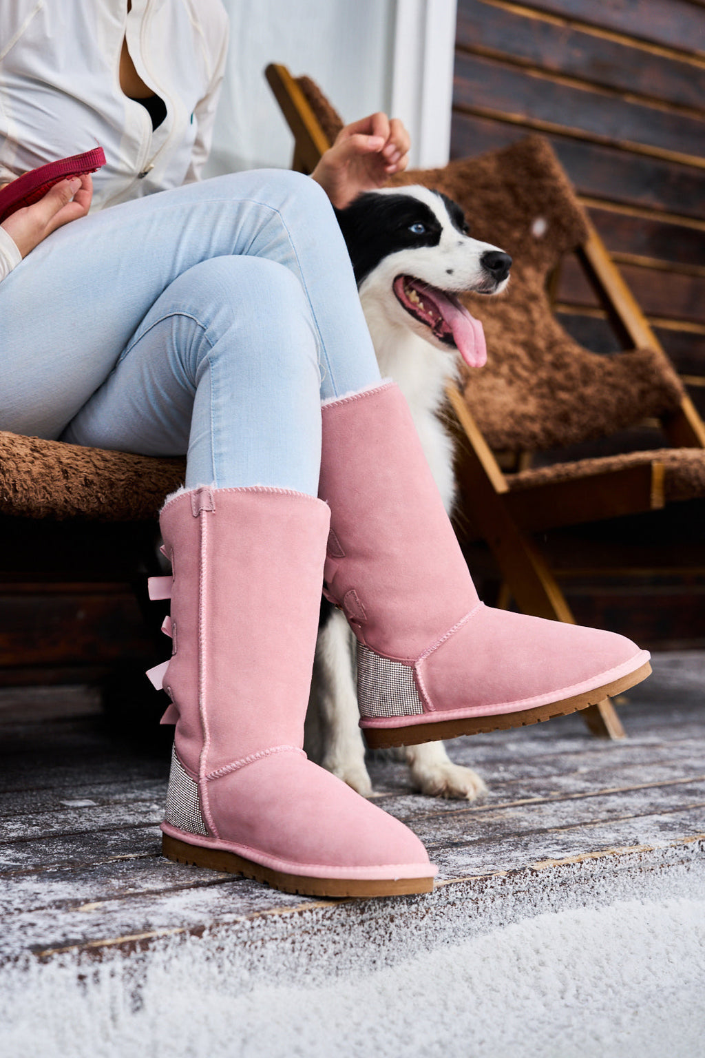 UGG Rhinestone Ribbon Tri-Tie Bow Suede Boots - Pink