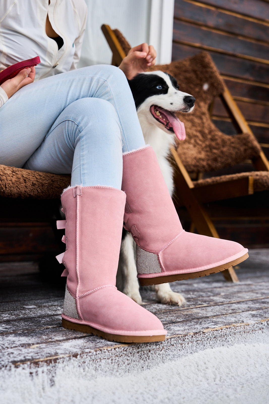 UGG Rhinestone Ribbon Tri-Tie Bow Suede Boots - Pink