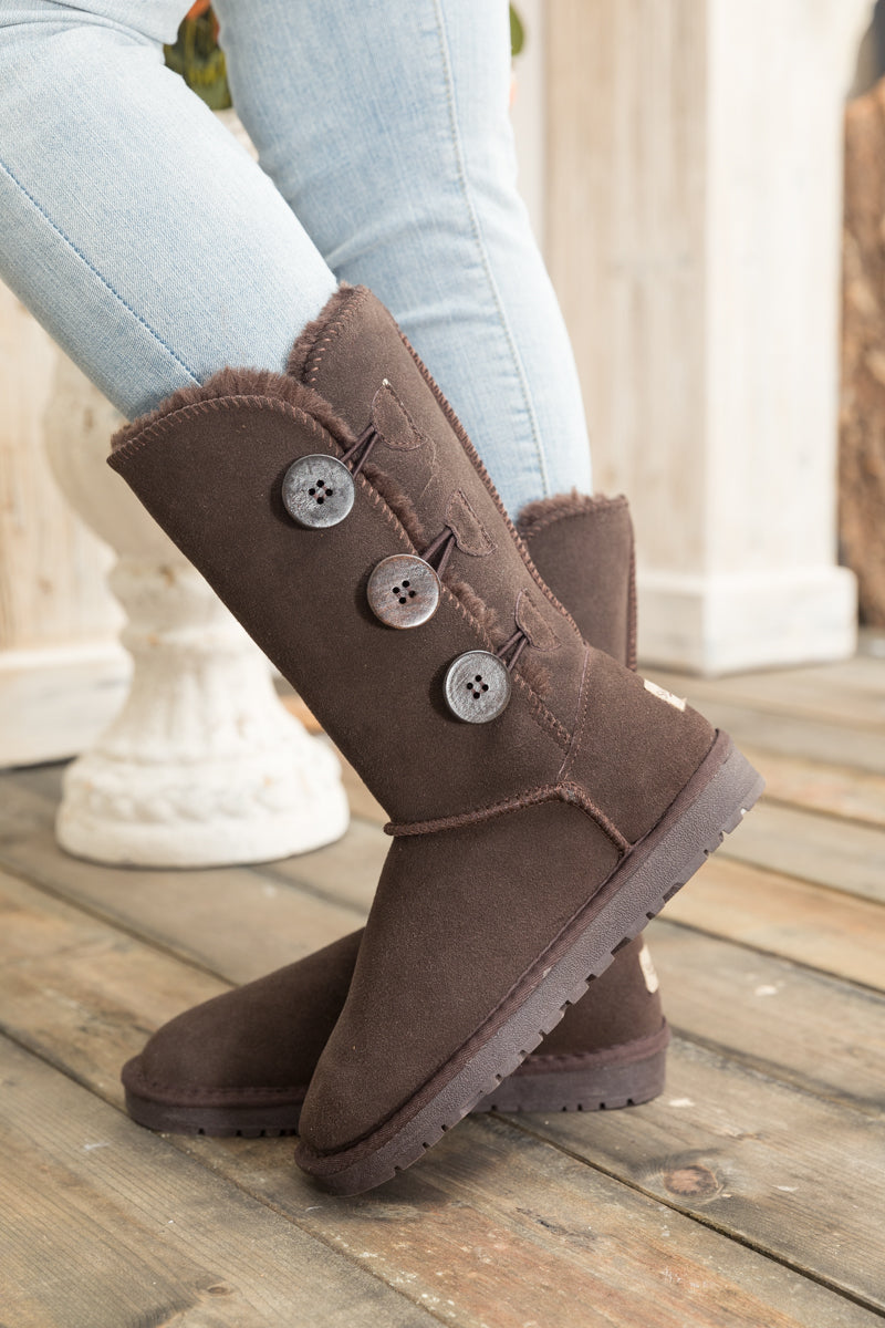 UGG Side Button Faux Fur-Lined Leather Suede Boots - Chocolate