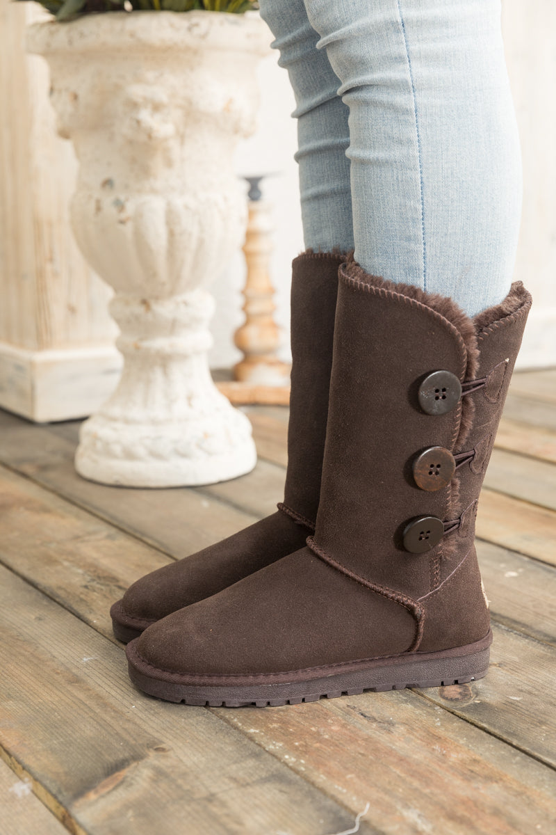 UGG Side Button Faux Fur-Lined Leather Suede Boots - Chocolate