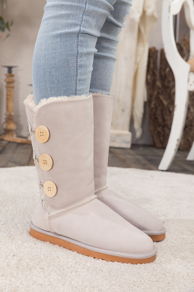 UGG Side Button Faux Fur-Lined Leather Suede Boots - Cream