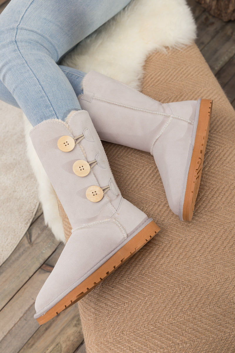 UGG Side Button Faux Fur-Lined Leather Suede Boots - Cream
