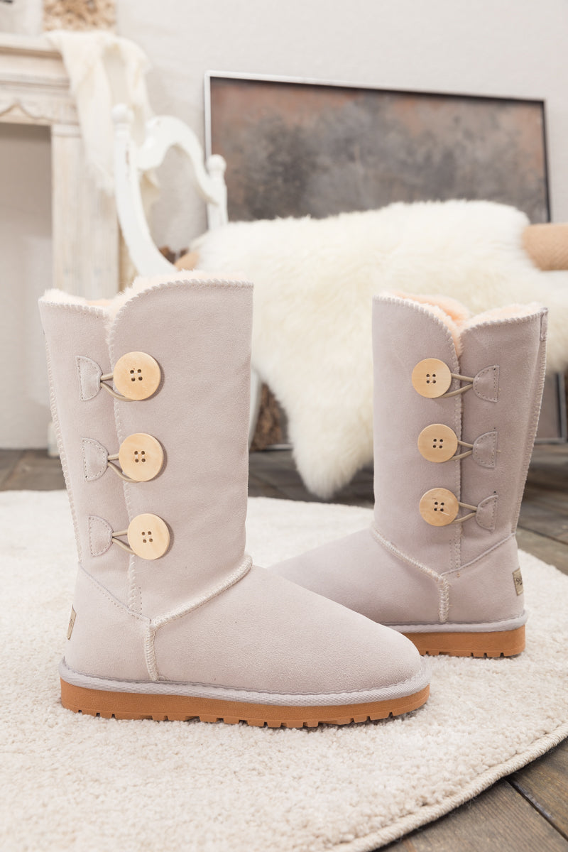 UGG Side Button Faux Fur-Lined Leather Suede Boots - Cream