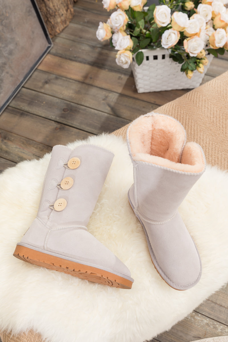 UGG Side Button Faux Fur-Lined Leather Suede Boots - Cream