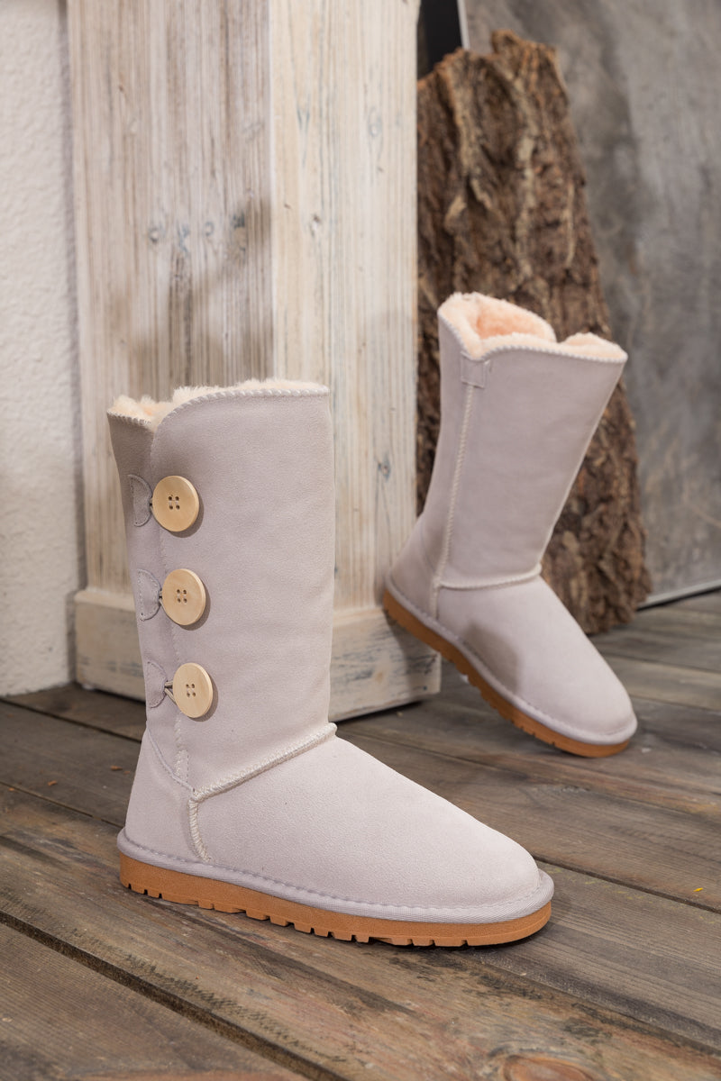 UGG Side Button Faux Fur-Lined Leather Suede Boots - Cream