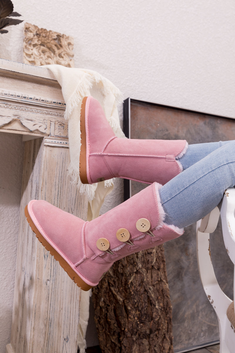 UGG Side Button Faux Fur-Lined Leather Suede Boots - Pink