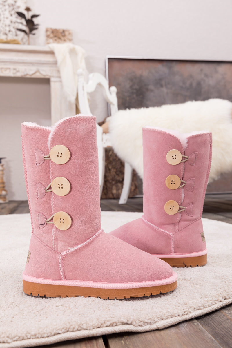 UGG Side Button Faux Fur-Lined Leather Suede Boots - Pink