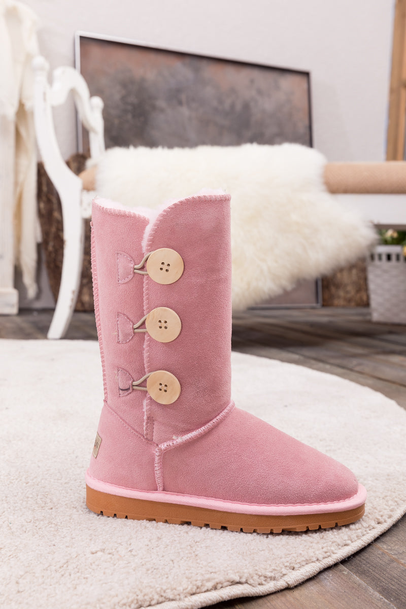 UGG Side Button Faux Fur-Lined Leather Suede Boots - Pink
