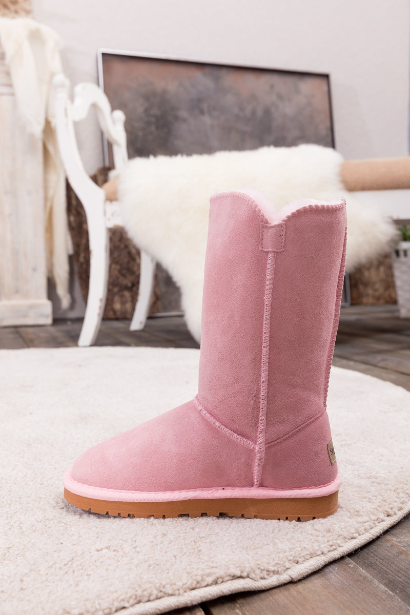 UGG Side Button Faux Fur-Lined Leather Suede Boots - Pink