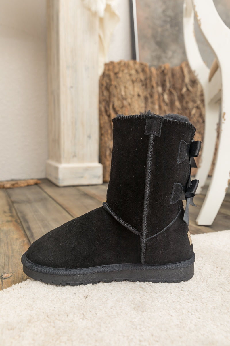 UGG Double Ballet Ribbon Bow Suede Shearling Boots - Black