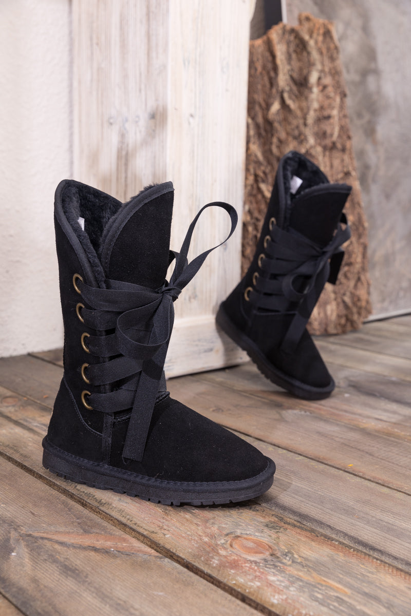 UGG Ribbon Lace-Up Faux Fur-lined Suede Boot - Black