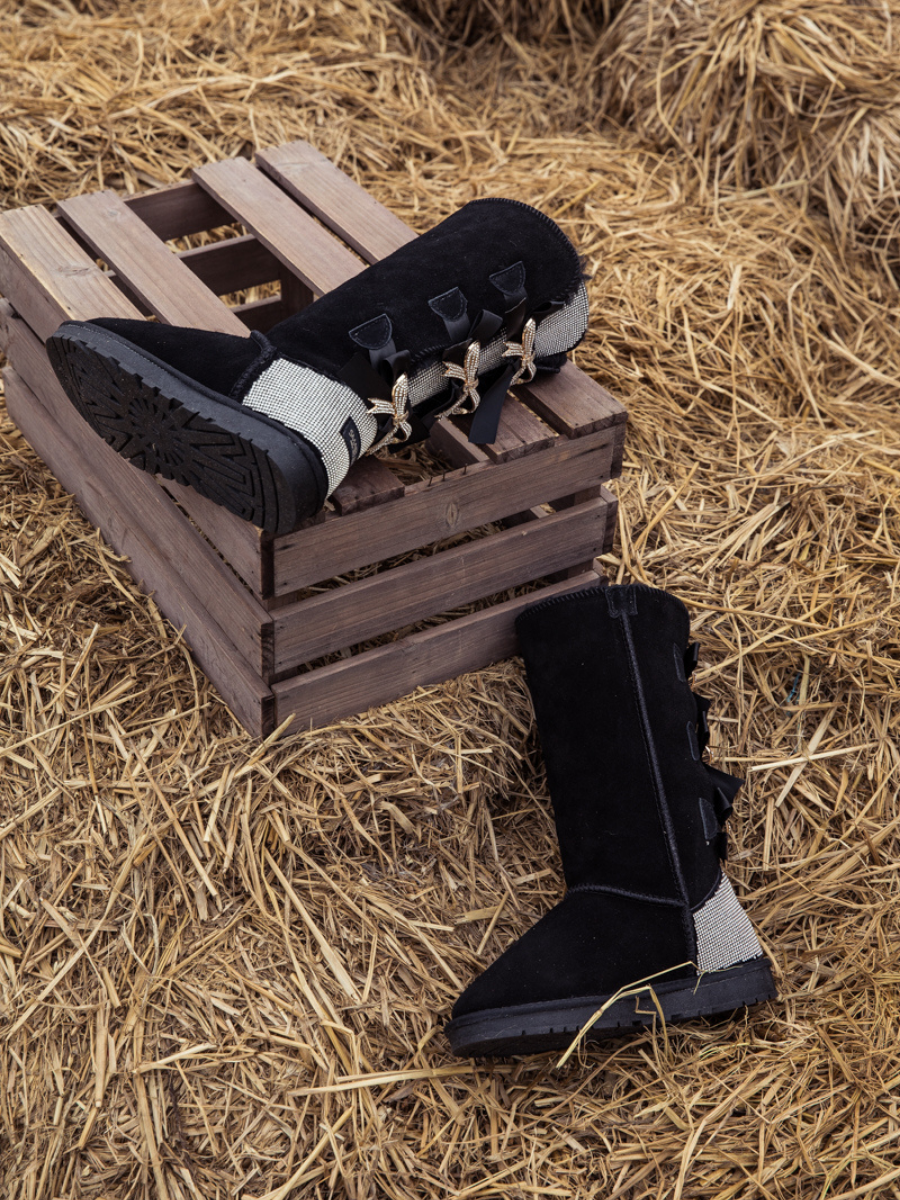 UGG Rhinestone Ribbon Tri-Tie Bow Suede Boots - Black