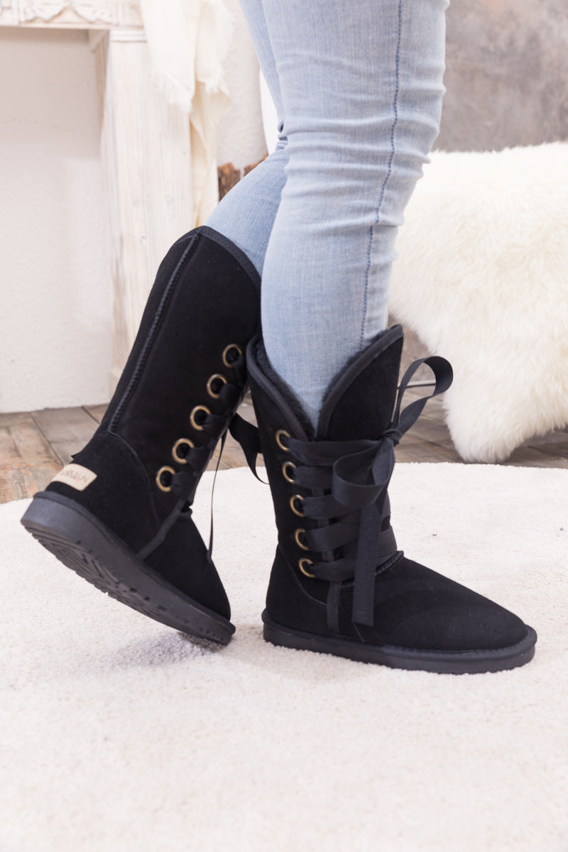 UGG Ribbon Lace-Up Faux Fur-lined Suede Boot - Black