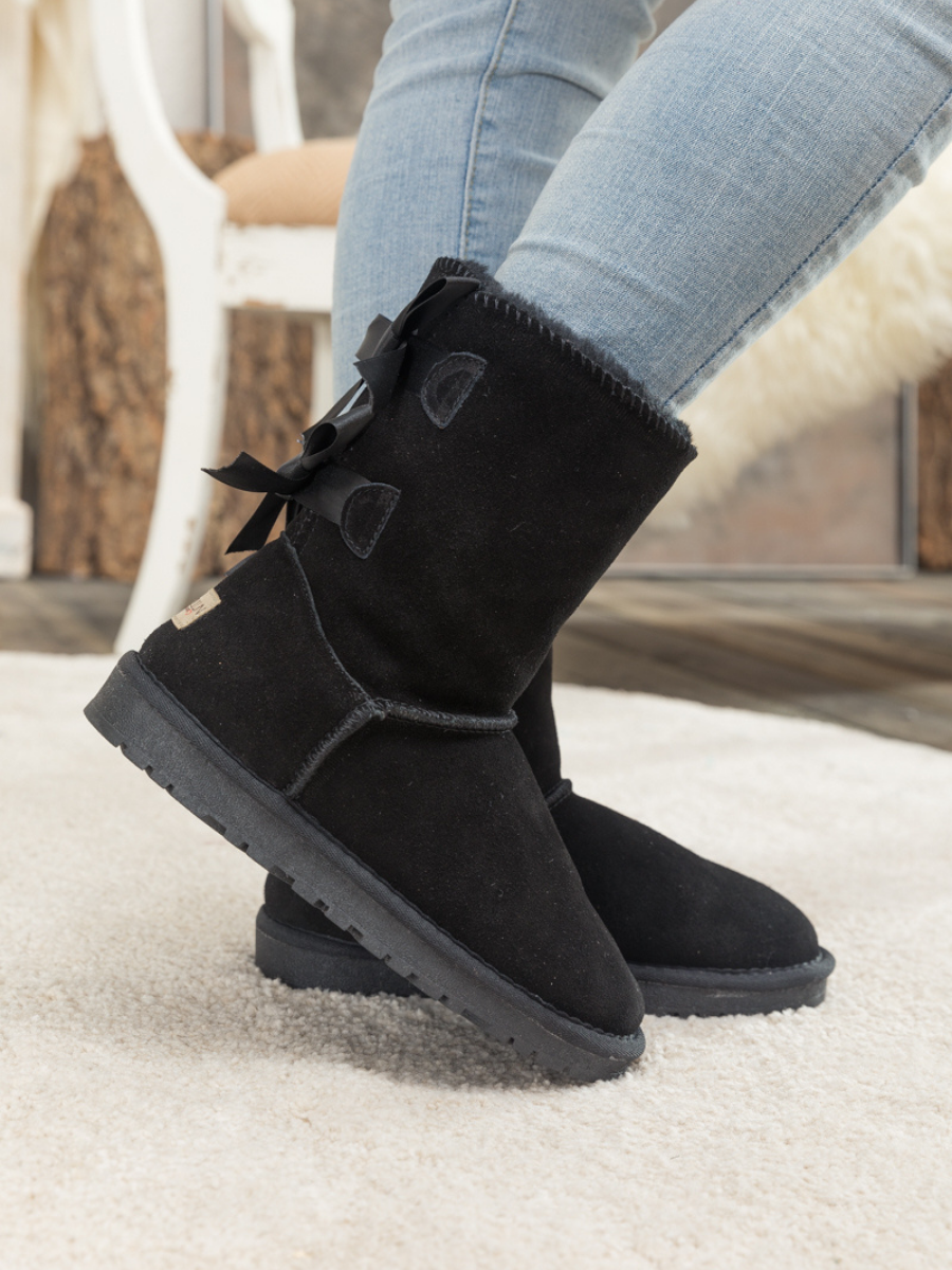 UGG Double Ballet Ribbon Bow Suede Shearling Boots - Black