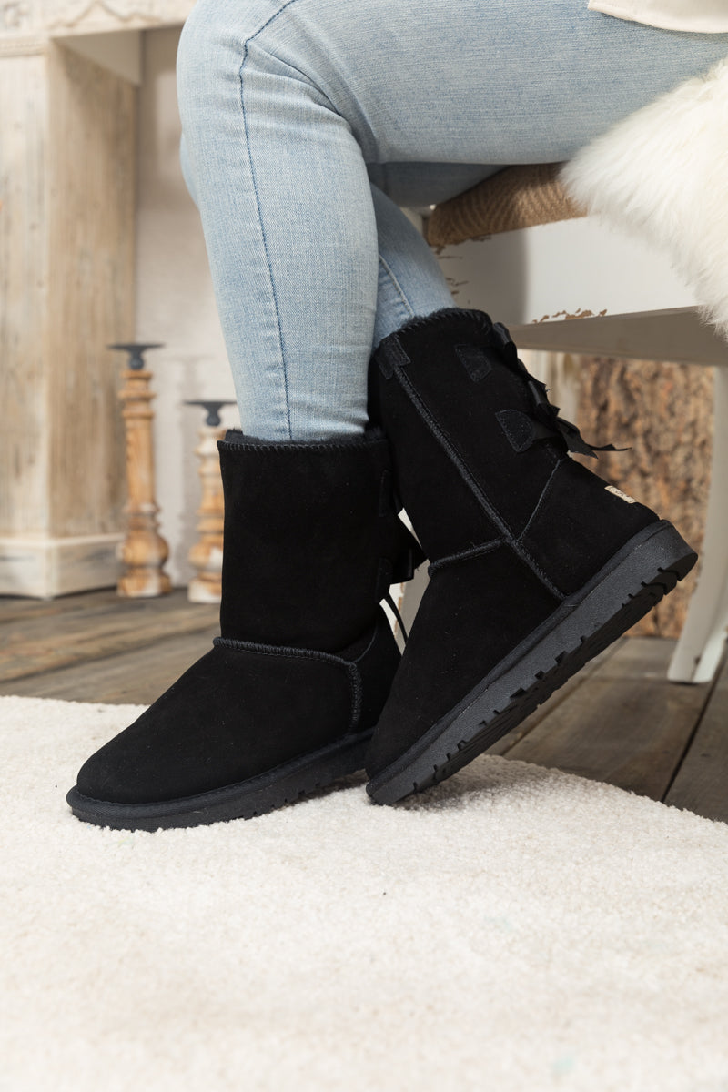 UGG Double Ballet Ribbon Bow Suede Shearling Boots - Black