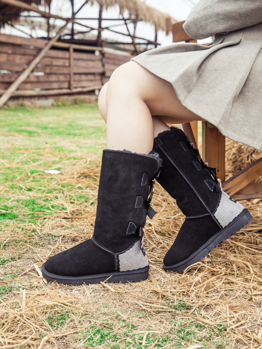 UGG Rhinestone Ribbon Tri-Tie Bow Suede Boots - Black