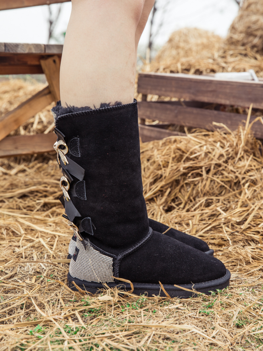 UGG Rhinestone Ribbon Tri-Tie Bow Suede Boots - Black